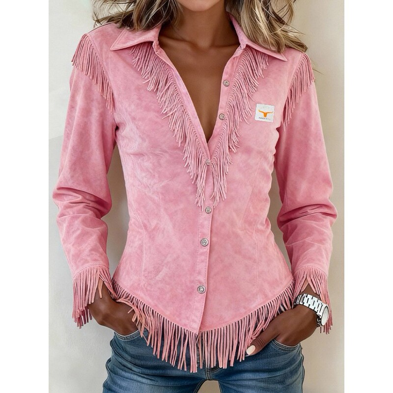 In-Stock Foreign Trade Cross-Border 2026 Western Cowboy Style Suede Fringe Slim-Fit Long-Sleeve Shirt