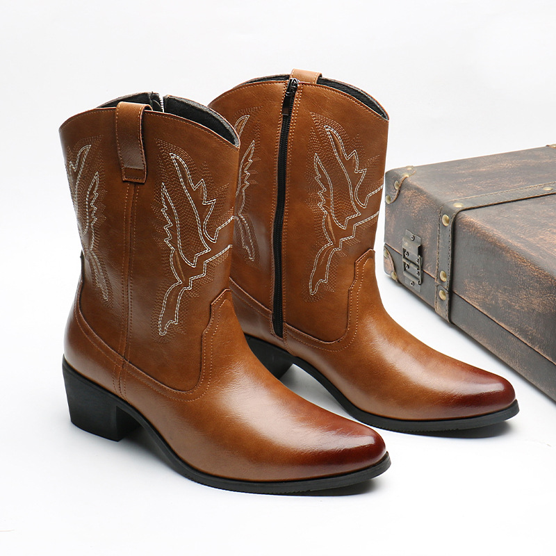 Western cowboy boots Hipster men's shoes Workwear Stylish retro zip boots_vogvips.com