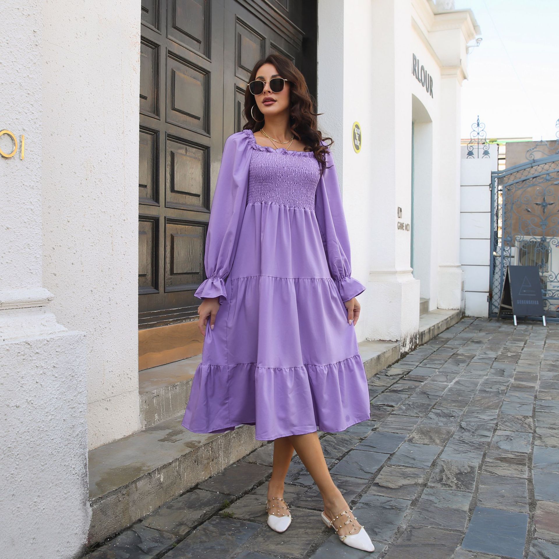 Women's Swing Dress Casual Square Neck Ruffles Long Sleeve Solid Color Midi Dress Street display picture 4