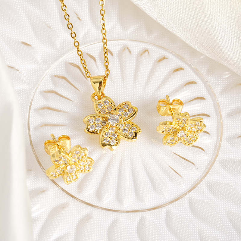 Vietnam Shajin estilo coreano pequeño, fresco, simple, de alta gama, lleno de diamantes, collar de flores de cerezo, pendientes, fuente de joyería que no se desvanece durante mucho tiempo