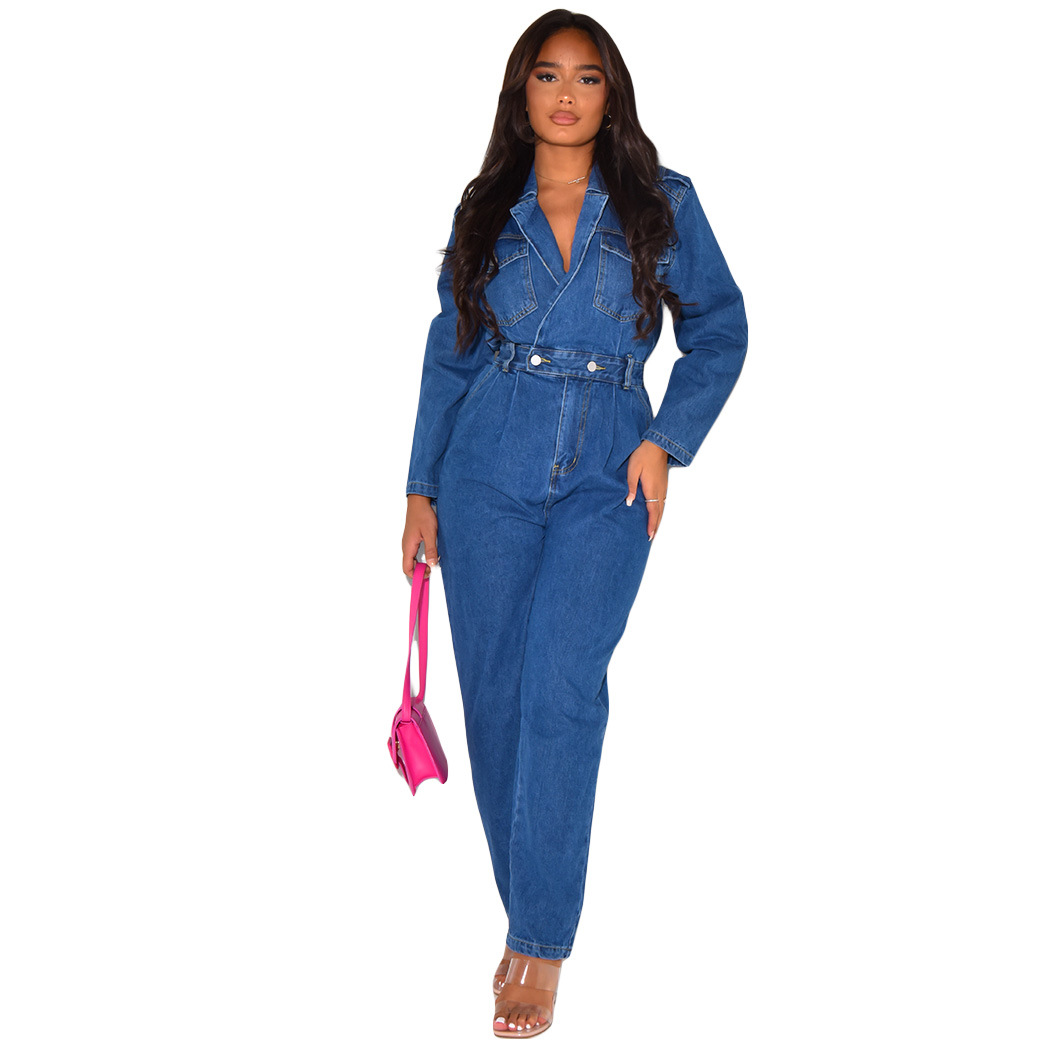 Women's Clothing ins Internet celebrity same style sexy suit collar denim jumpsuit in stock_voghion.com