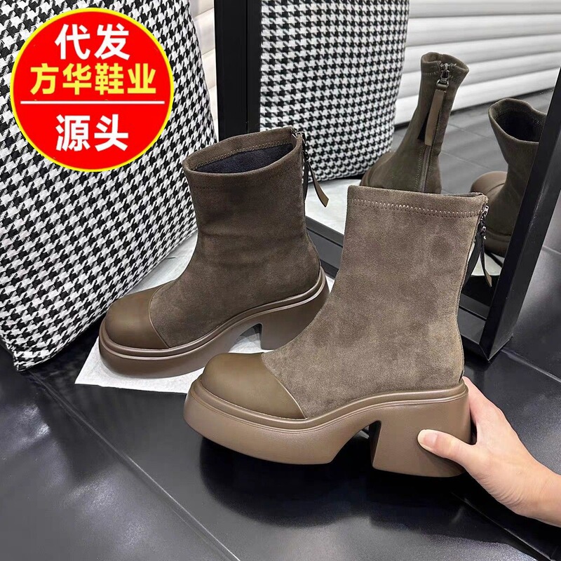 Suede Thick-Soled Thick-Heeled Short Boots for Women 2025 Autumn and Winter New Slim Boots Retro Style Elastic Boots Heightening Boots Suede Thick-Soled Thick-Heeled Short Boots for Women 2025 Autumn and Winter New Slim Boots Retro Style Elastic Boots Heightening Boots