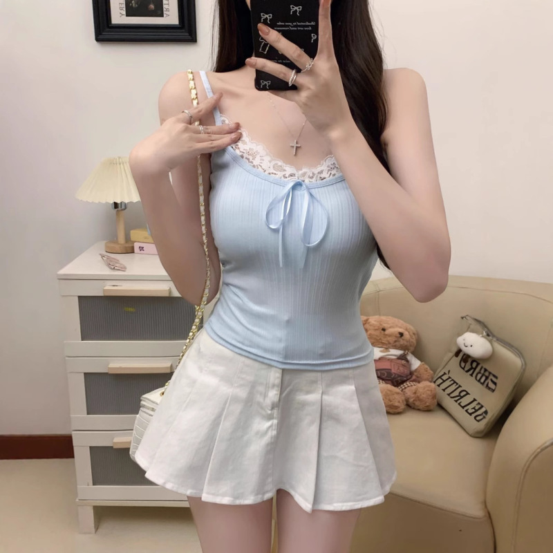 765 Pure Desire Lace Patchwork Ribbed Camisole for Women with Chest Pads, Slim Fit Base Shirt Top Trendy