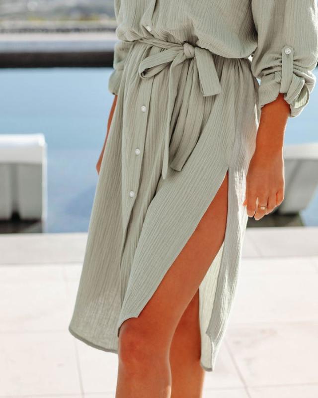 Solid Color Long Sleeve Shirt Dress Sun Protection Clothing for Women