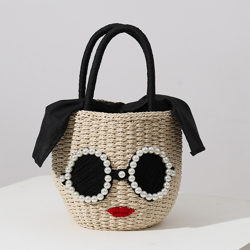 Glasses,Red Lips,Straw Woven Handbag,Japanese Fashion Rattan Handbag,Cute Cartoon Japanese Style Bucket Woven Bag For Women