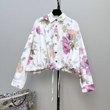 花卉花朵印花牛仔衬衣外套女欧美风宽松后背开叉抽绳短款衬衫夹克