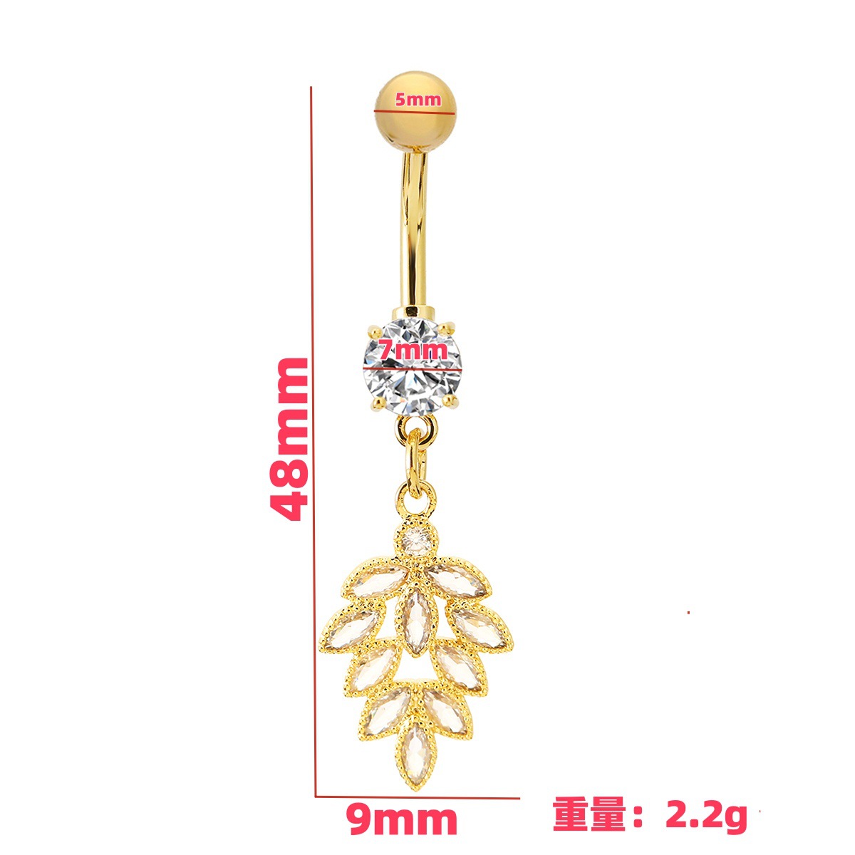 European Leaf Belly Button Ring With Diamond Body Piercing Jewelry_voghion.com