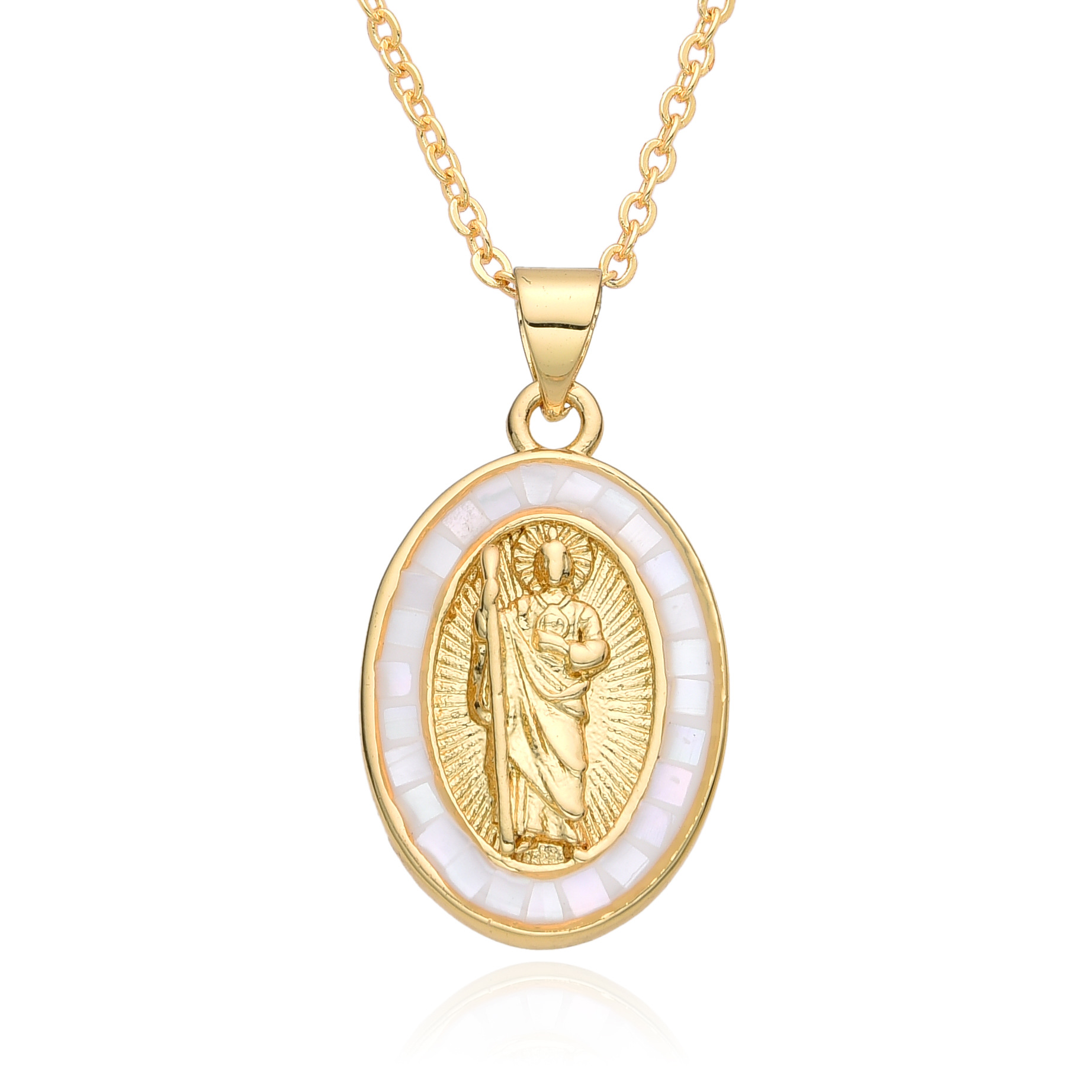 15g Weight Shell Inlay Material Pendant Necklace Classification cable chain Chain Type 1 Piece Quantity Daily Occasion Copper Material Portrait, Saint Benedict Pattern Women's Gender Plating, Inlay Design Retro Style Copper Retro Portrait Plating Inlay Shell Pendant Necklace 2