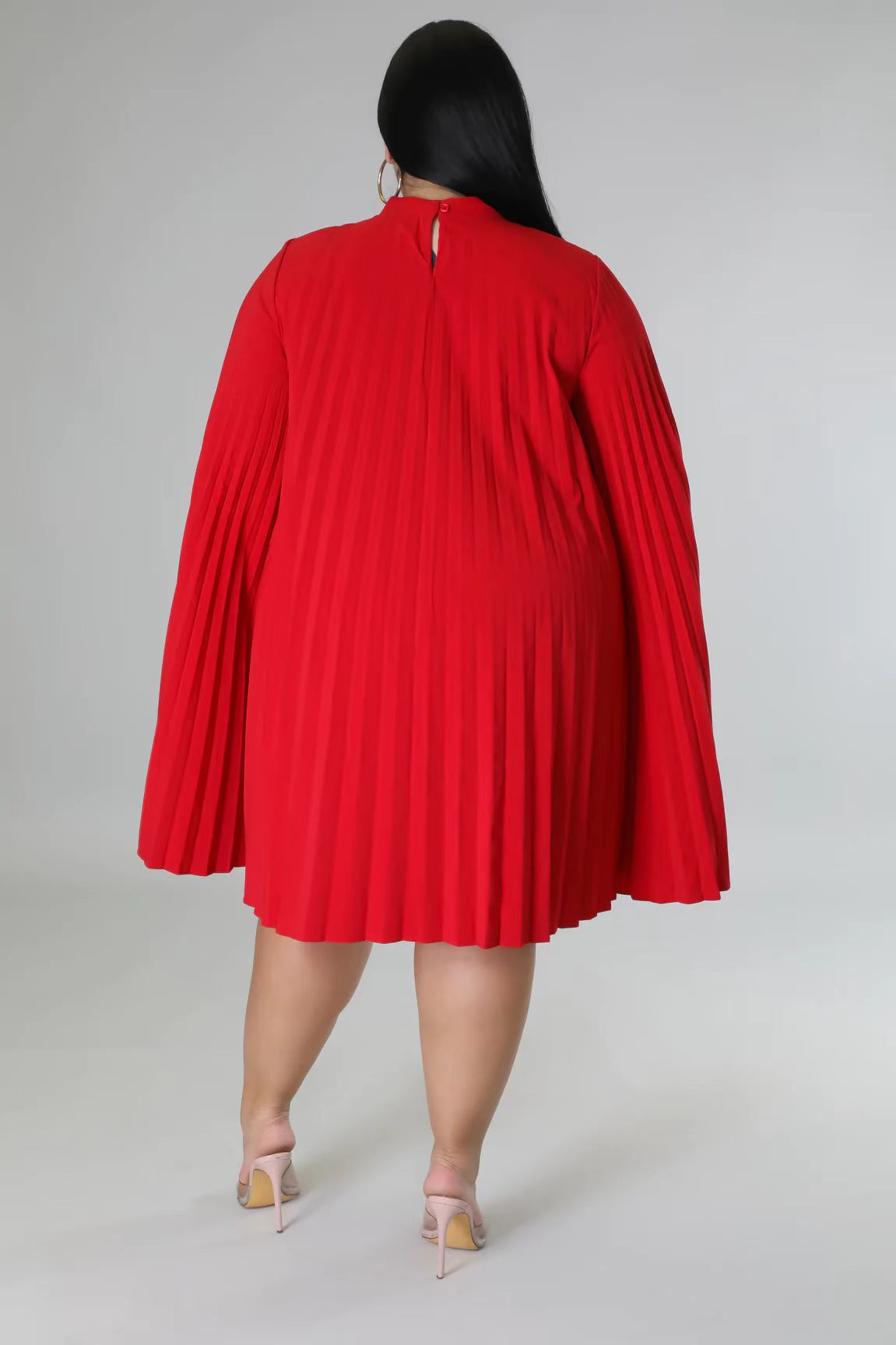 Fashion Solid Color Round Neck Long Sleeve Patchwork Polyester Plus Size Knee-Length Pleated Skirt