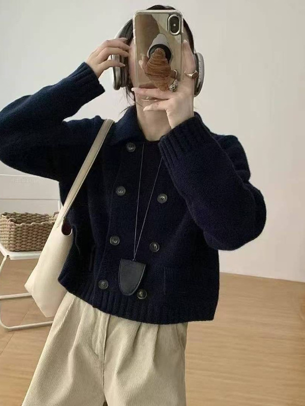设计新款慵懒翻领长袖双排短款2025外套开衫针织毛衣秋冬上衣|undefined