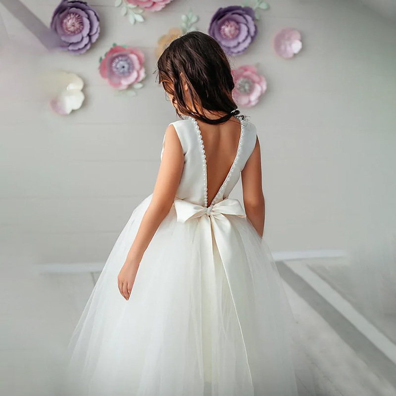 Nuevo vestido de boda transfronterizo de los niños europeos y americanos sin mangas sin espalda con cuentas de rendimiento de cumpleaños mullido vestido largo