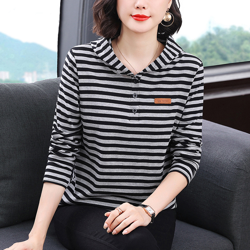 【Color Cotton with a Cotton Content of ≈40%】New Versatile Fashion Color-Block Striped T-Shirt Women's Autumn Casual Hoodie