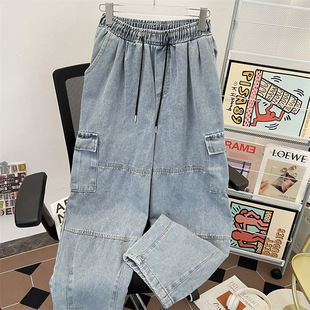 Vintage Chinese-Style Workwear Jeans for Men, Washed Pocket Loose Casual Pants, American Straight-Leg Wide-Leg Trousers