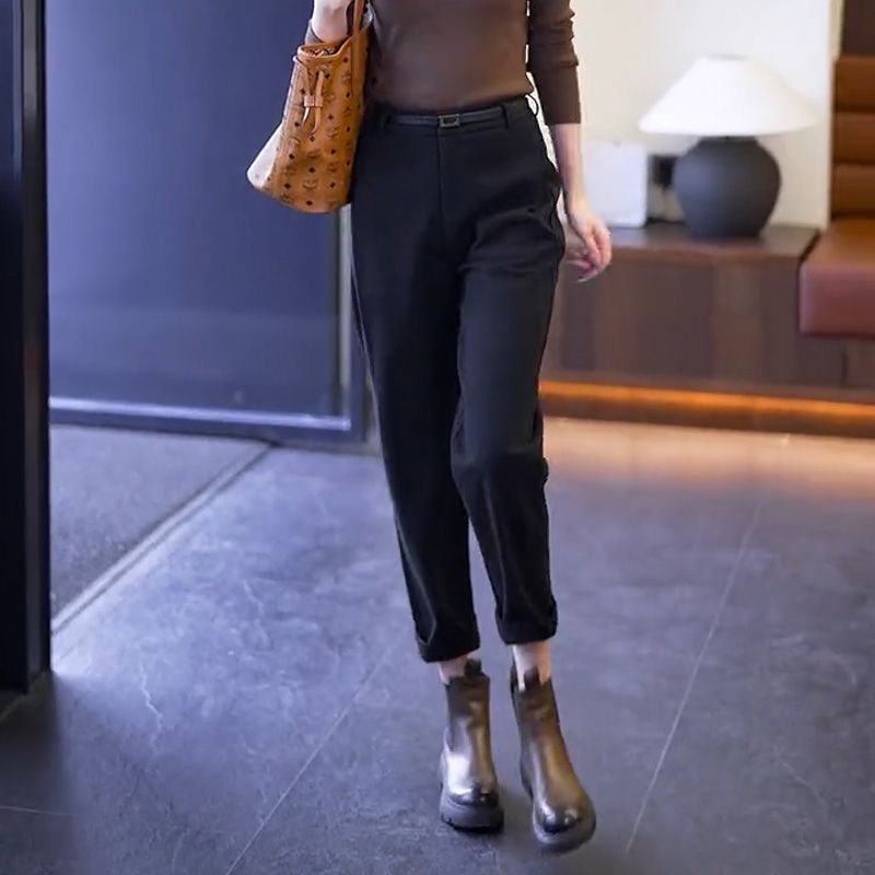 咖色毛呢裤九分裤女秋冬高腰哈伦裤子2025新款休闲西装烟管裤子|undefined