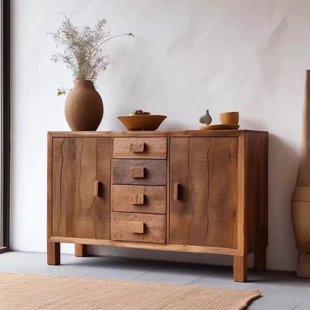 Wabi-Sabi Style Old Elm Sideboard Storage Cabinet Living Room Entrance Drawer Cabinet Retro Elm Furniture Double Door Cupboard