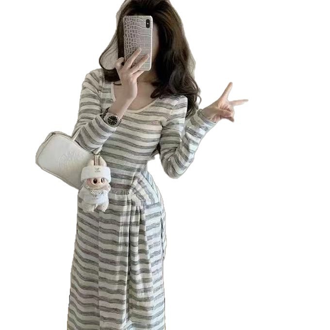 纯欲辣妹U领条纹长袖连衣裙女秋季新款修身高级感复古包臀长裙子|undefined