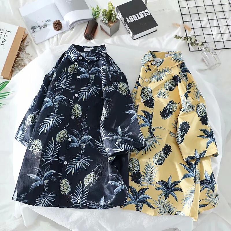 South Korea Vintage Leaves Pineapple Floral Couple Short-sleeved Shirt Summer All-match Unisex Beach Seaside Shirt