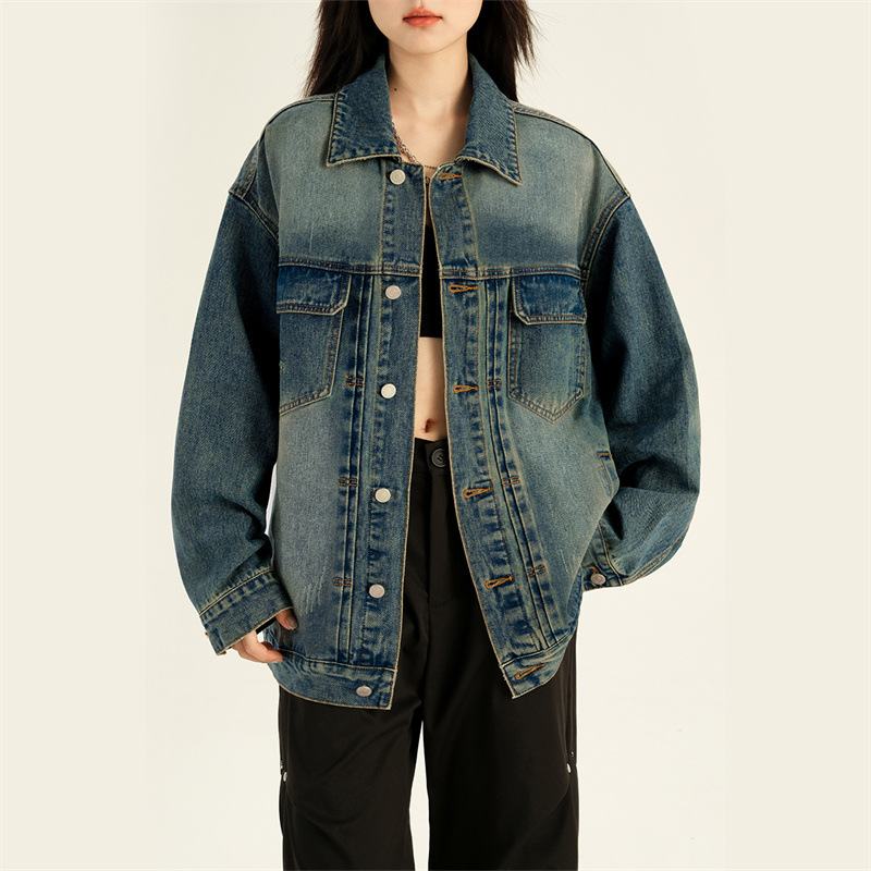 Qadın üçün retro mavi denim ceket, bir düyməli, boş kəsim