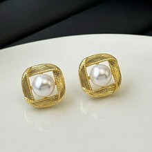 丽银饰品2025新款几何棱形珍珠耳环欧美时尚925银针女气质耳饰