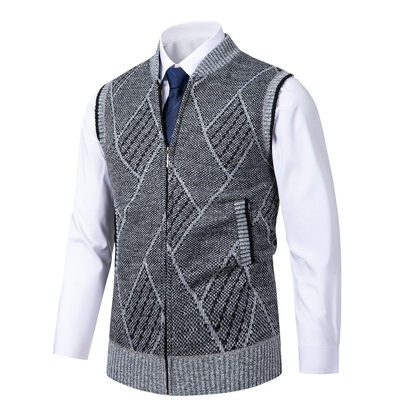Cross-border Foreign Trade Autumn and Winter Men's Vertical Collar Cardigan Knitted Vest fleece-lined Thickened plus size Men's Sleeveless Sweater Jacket