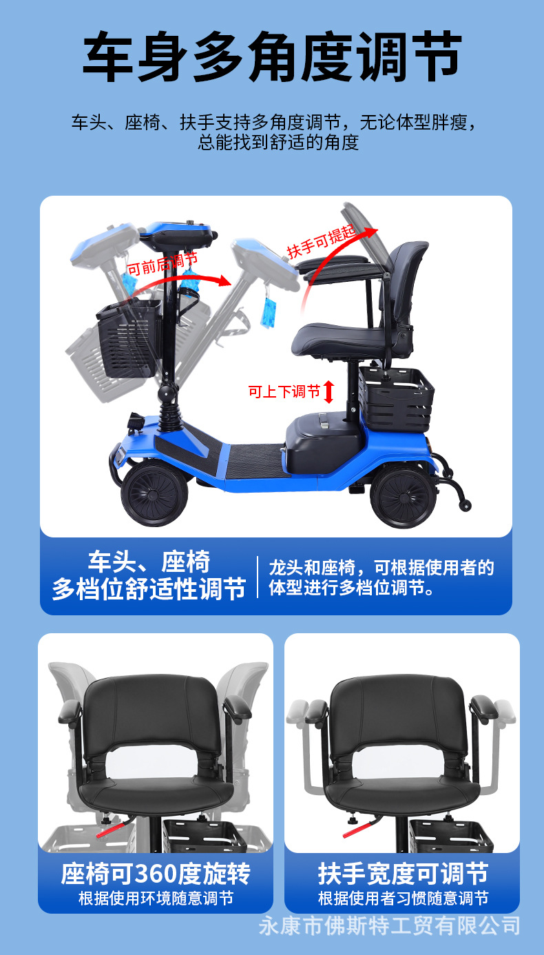 Luxury Folding Three-Wheeled Electric Scooter for the Elderly, Four-Wheeled Electric Mobility Scooter for Disabled People, Long-Range Electric Vehicle