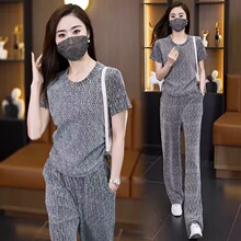 休闲套装女夏季新款宽松时尚网红亮丝显瘦短袖阔腿裤两件套