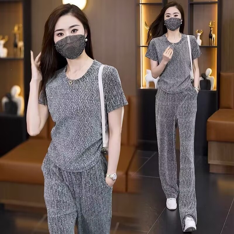 休闲套装女夏季新款宽松时尚网红亮丝显瘦短袖阔腿裤两件套