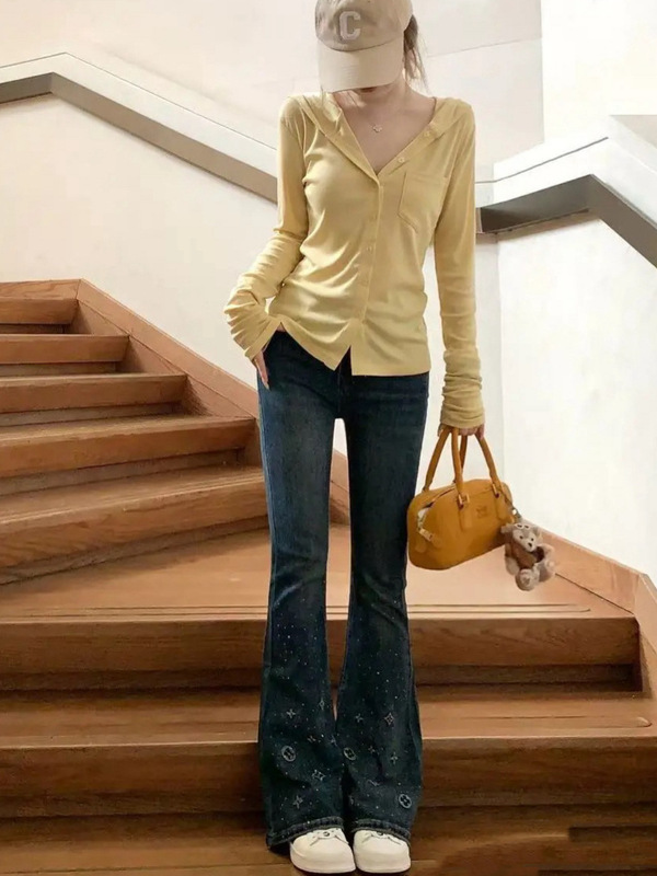 驴家老花重工烫钻牛仔裤女春秋新款设计感高腰显瘦宽松阔腿微喇裤|undefined