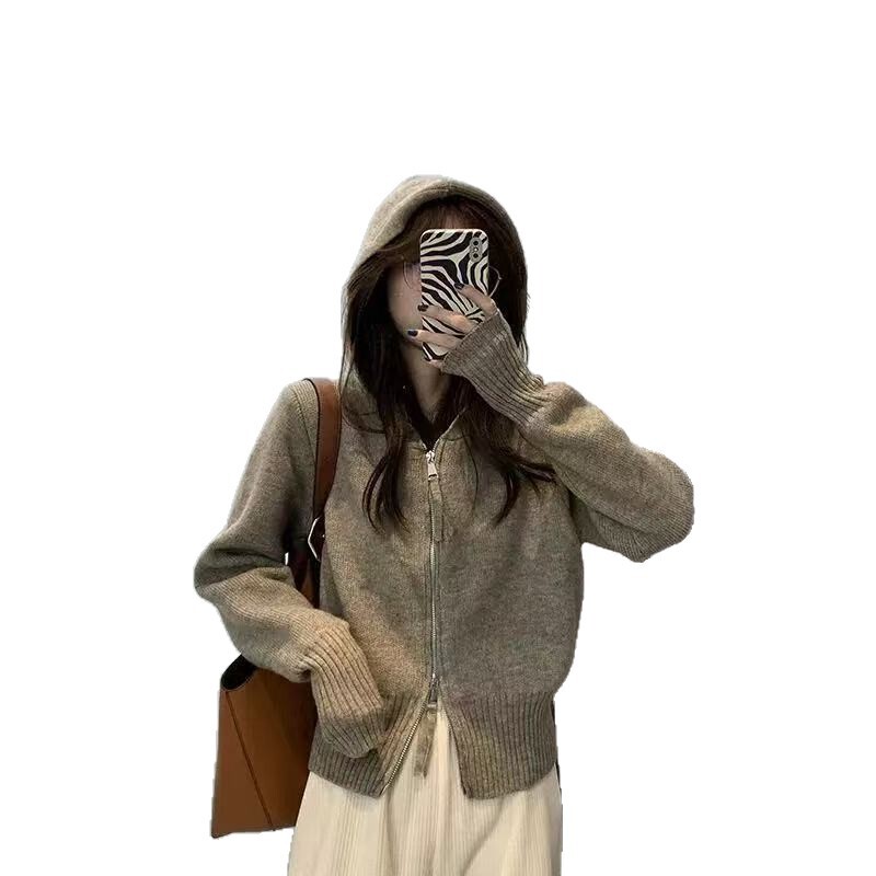 100纯羊毛针织开衫女式连帽双拉链外套修身显瘦韩系风短款外搭潮|undefined