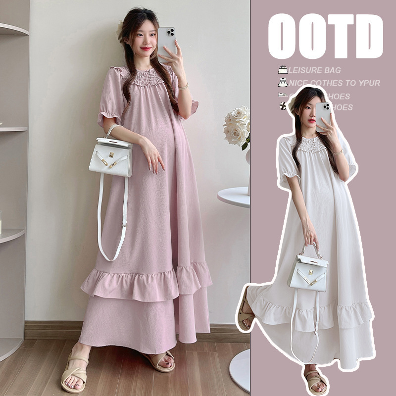 Maternity 2025 Summer New Ruffled Crewneck Sweet Slimming Belly Covering plus size Lasting Maternity dress Maternity 2025 Summer New Ruffled Crewneck Sweet Slimming Belly Covering plus size Lasting Maternity dress