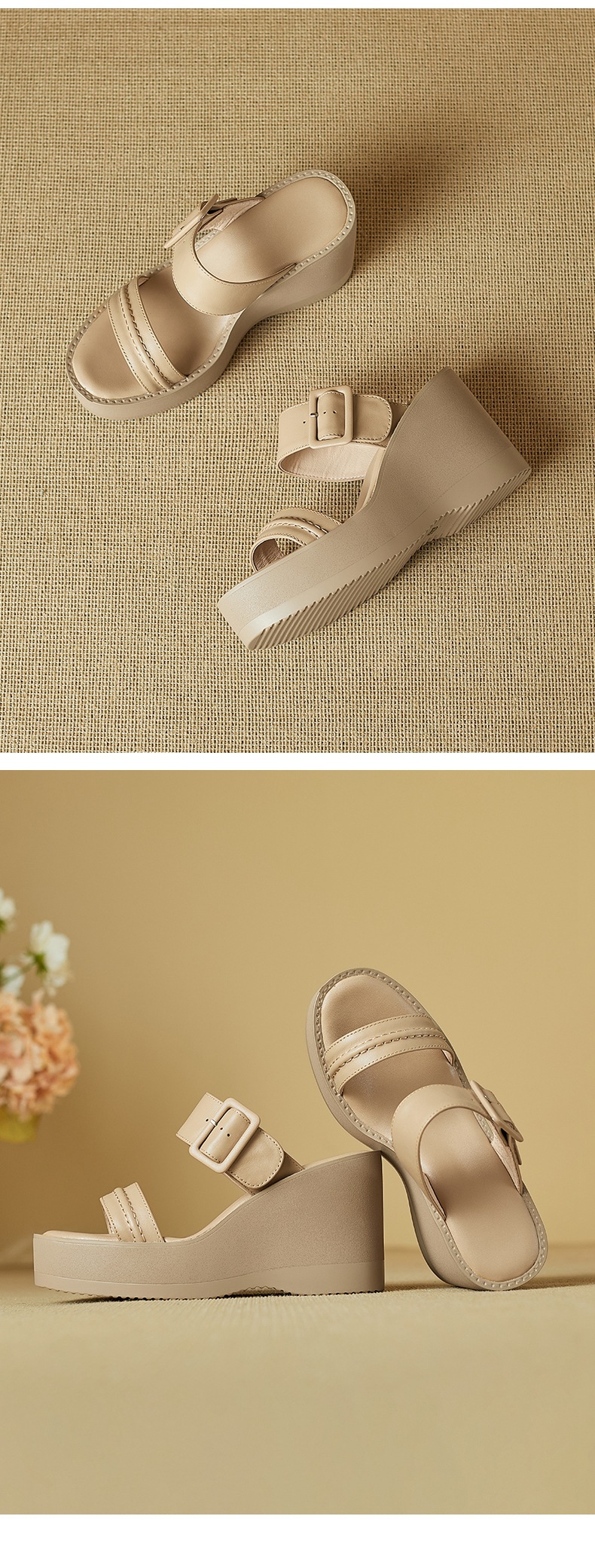 Sandal cao gót nữ hở mũi đế xuồng da bò quai một chữ thắt nút — màu trắng ngà chi tiết 11