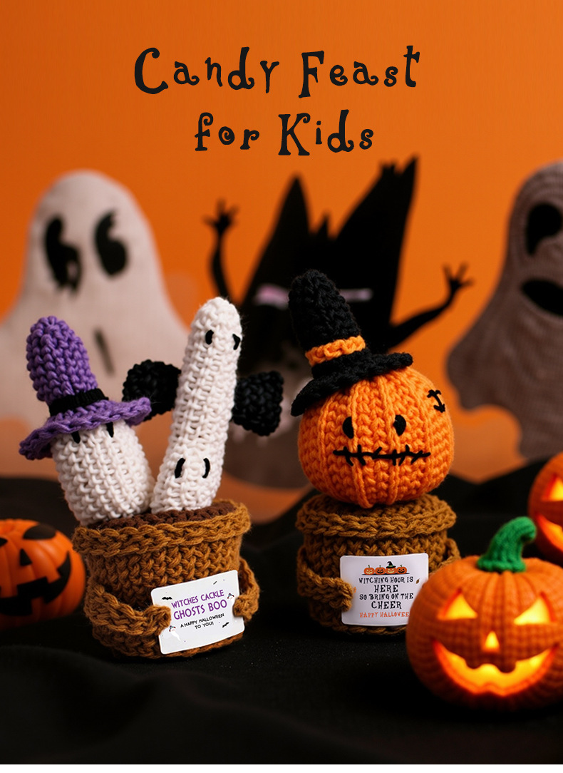 Halloween cross-border new funny expression dolls, positive energy woolen knitted ghost ornaments, potted plant card dolls pic 6