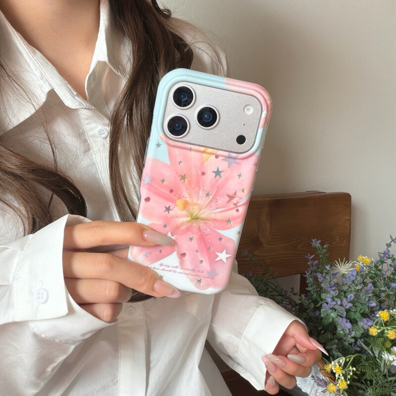 Korean-Style Star Pink Lily Flower Case Suitable for iPhone 17 Pro Max, Apple 16, Girly Style, 15 Shockproof, 14