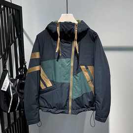 加厚棉服男冬季新款日系时尚设计感拼接撞色斜拉链连帽保暖棉衣潮