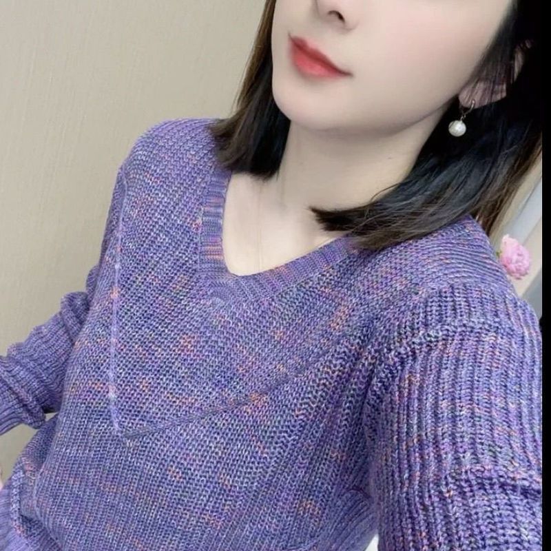 春秋幻彩圆领套头衫女长袖气质百搭宽松显瘦新款针织上衣|undefined