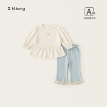 邦选婴童春款韩版套装女宝宝蝴蝶结圆领长袖花边纯色长裤两件套