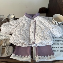 韩版童装2025新款冬季女童碎花加绒棉衣外套儿童花边喇叭裤两件套