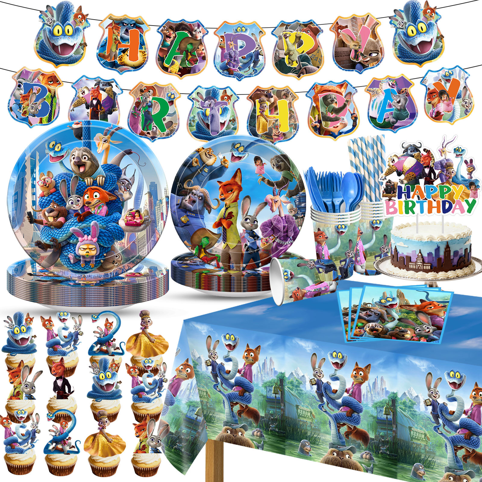 Paquete de fiesta temática de Zootopia cumpleaños de niños bandeja de papel desechable taza de papel toallas de mesa image 1