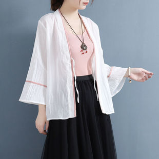 Vintage Artistic Cotton Short Jacket for Women, Loose Chinese-Style Bell Sleeve Hanfu Cardigan, Tea Shirt Top, Thin Outerwear