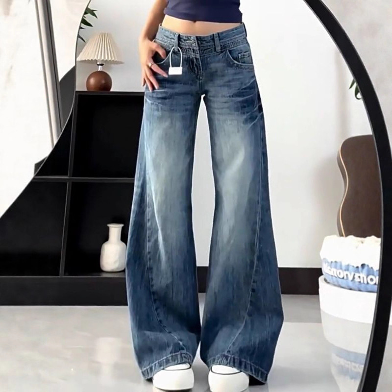 Vintage American-Style Washed Lightning Straight-Leg Jeans for Women, New Loose Spring Crackle High-Waisted Floor-Length Pants