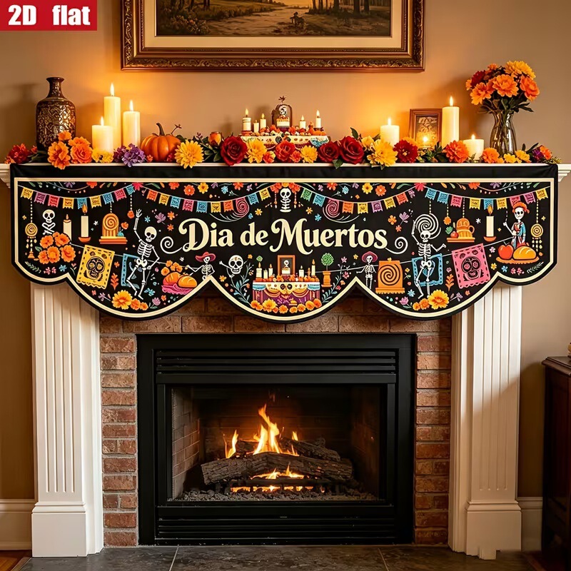 Cross-border supply: Day of the Dead skull fireplace cover, living room and kitchen fireplace cover, Halloween fireplace scarf Cross-border supply: Day of the Dead skull fireplace cover, living room and kitchen fireplace cover, Halloween fireplace scarf