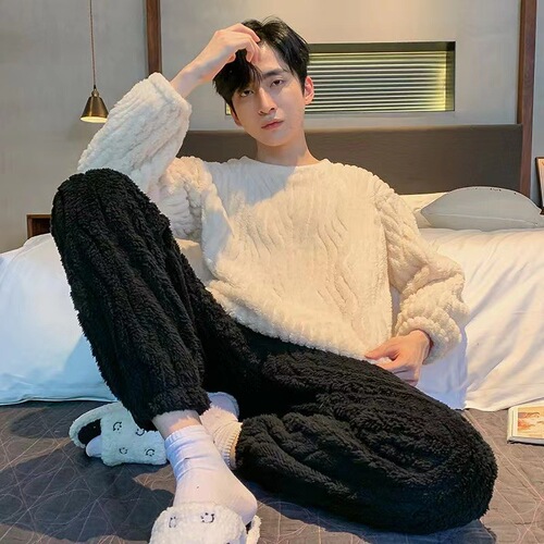 Thick coral velvet men's crew neck autumn and winter flannel youth student plus-size home suit set dropshipping