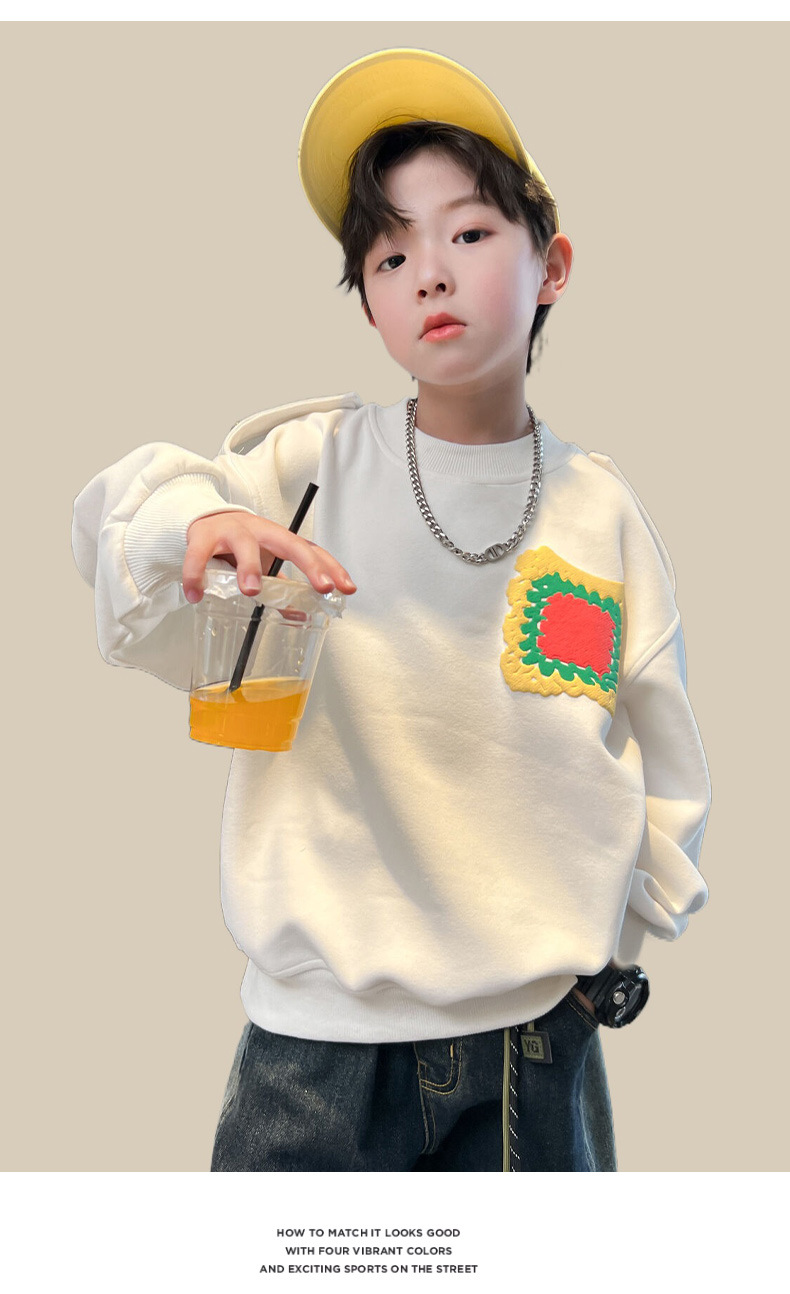 Detské oblečenie, chlapčenské oblečenie, biela mikina, jar a štýly, nové topy 2024, stredná až veľká detská jeseň_voghion.com