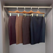 高端弹力皮裙2029-8秋高腰显瘦修身绵羊皮包臀裙后开叉真皮半身裙