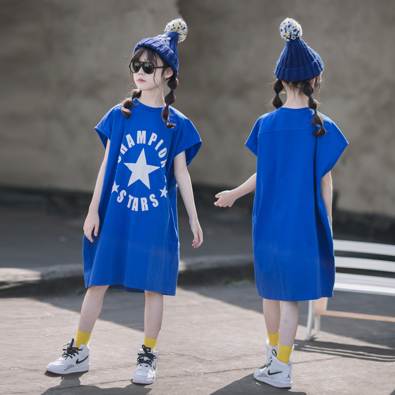 Vestido de ropa de verano para niñas 2023 nueva ropa de estilo occidental para niños falda de manga corta para niños falda de camiseta larga para niñas de verano