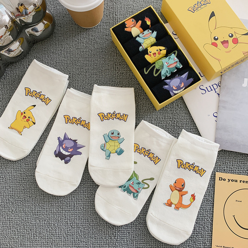 Pokémon Cartoon Socks Children's Gift Boxes Pokemon Couple's Colorful Hot Stamping Cotton Boat Socks