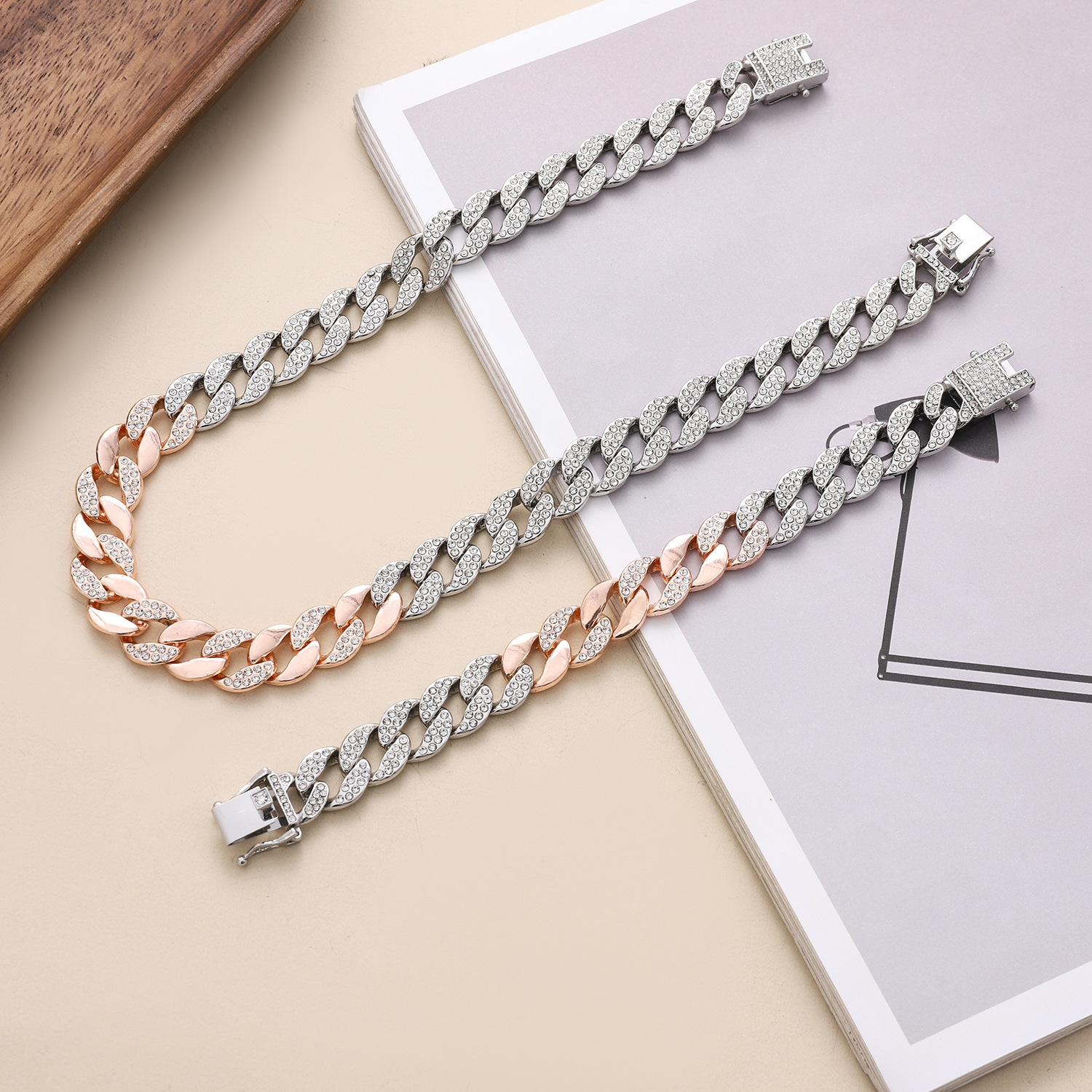 New hip-hop alloy Hiphop high-quality color blocking 15mm Cuban chain trendy necklace_voghion.com