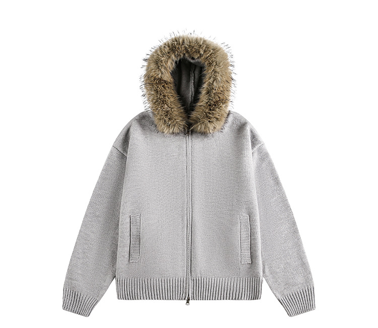 "Retro Detachable Faux Fur Collar Cardigan – Unisex Hooded Sweater Coat (Flower Gray/Black/Bluish/Apricot, S-XXL)"_viptrois.com