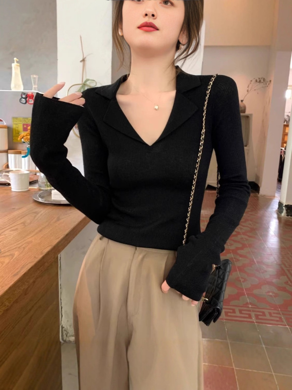 高级螺纹polo翻领针织毛衣女春季秋装V领法式内搭长袖打底衫上衣|undefined