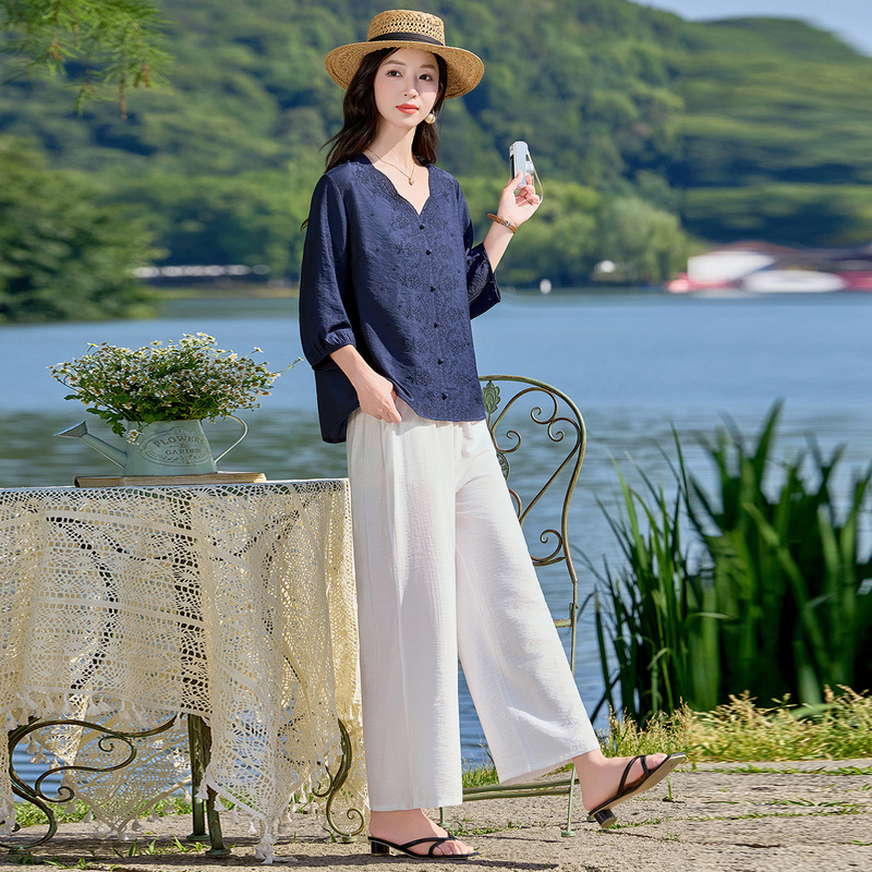Outfit Set 2026 Summer New Fashionable and Stylish Women's Heavy Embroidery Shirt and Long Pants Two-Piece Set Lt809 Outfit Set 2026 Summer New Fashionable and Stylish Women's Heavy Embroidery Shirt and Long Pants Two-Piece Set Lt809